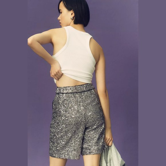 NEW Maeve Size L, Women's Sequin Longline Shorts - Silver - Picture 8 of 8